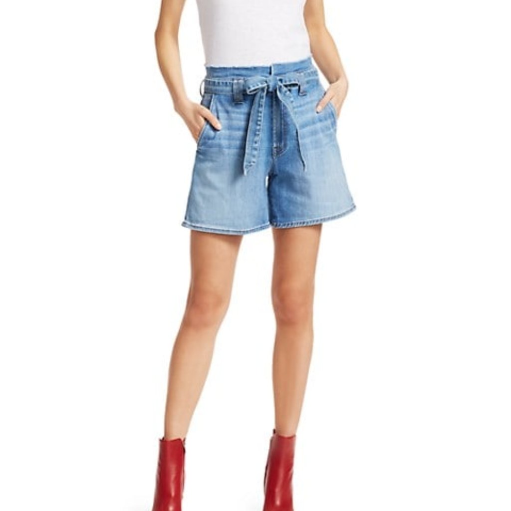 7 For All Mankind Paperbag Waist High Rise Light Wash Denim Shorts Women's Sz 24